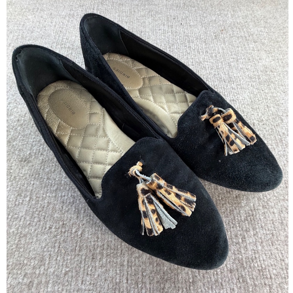 Birdies‎ The Heron Black Suede Leopard Tassel Loafers Flats Womens 8